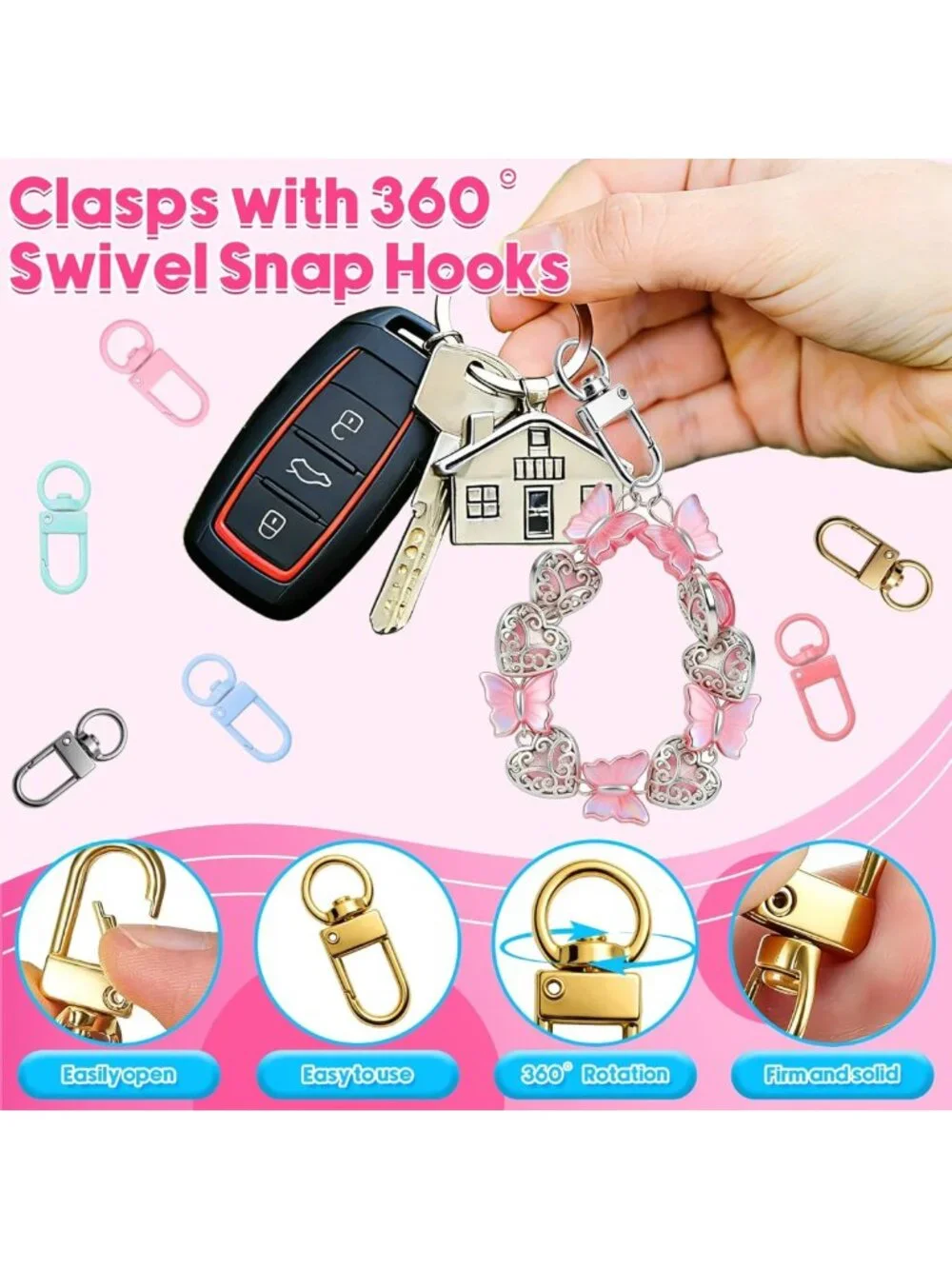 100PCS Colorful Keychain Clips - Metal Lobster Claw Clasps & 360° Swivel Hooks